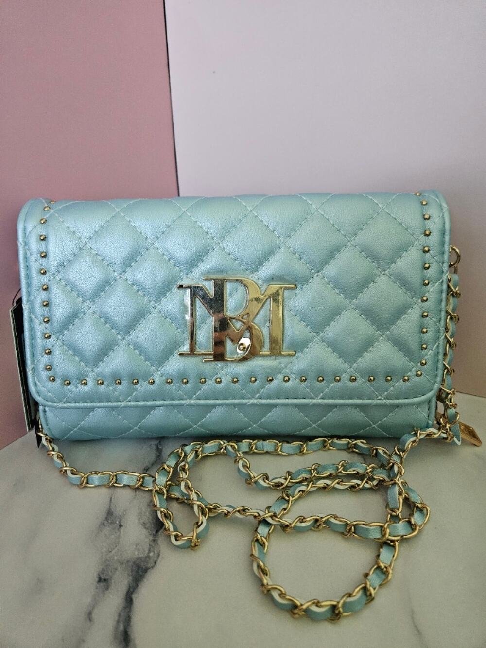 Badgley Mischka Blue Metallic Quilted Crossbody Wallet